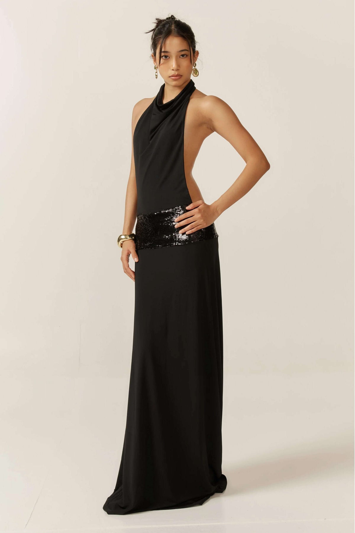 Draped Cowl Halter Open Back Sequin Waistband Floor-Length Gown