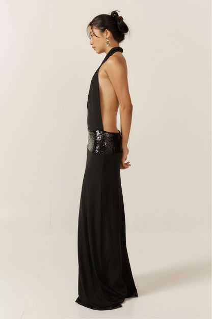 Draped Cowl Halter Open Back Sequin Waistband Floor-Length Gown