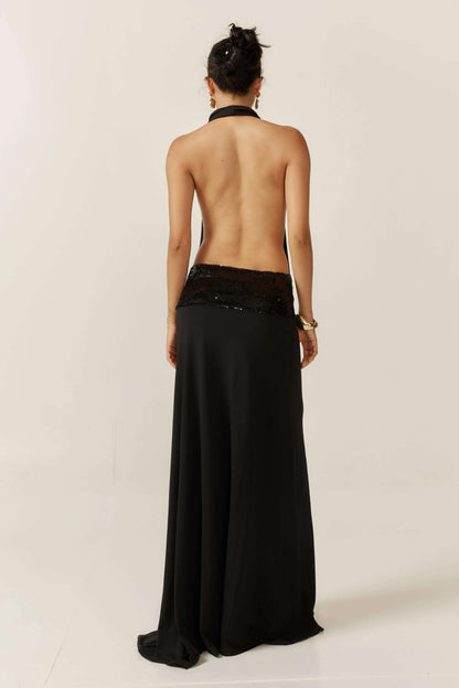 Draped Cowl Halter Open Back Sequin Waistband Floor-Length Gown