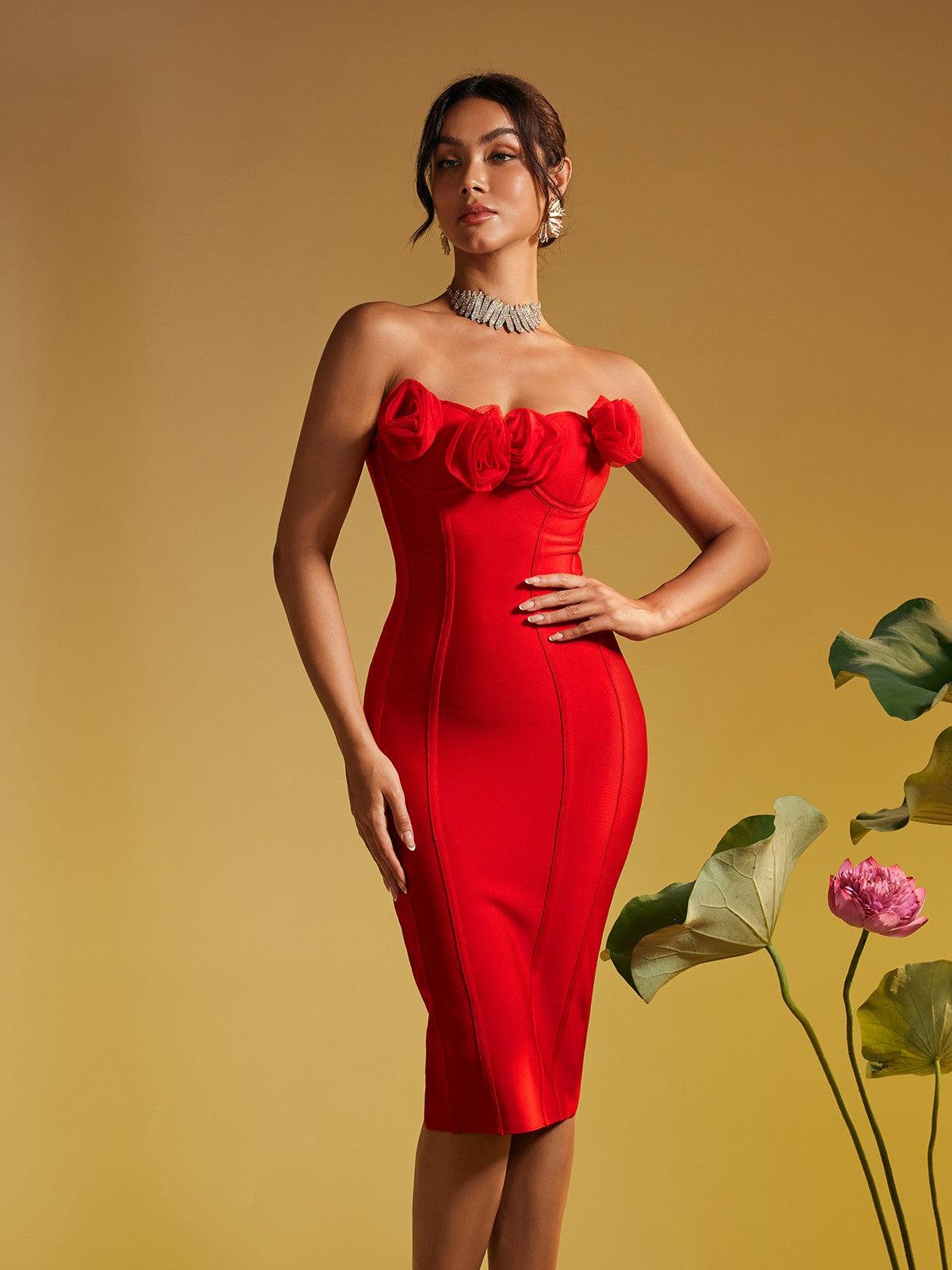 Strapless 3D Rosette Applique Corset Seam Bandage Midi Dress