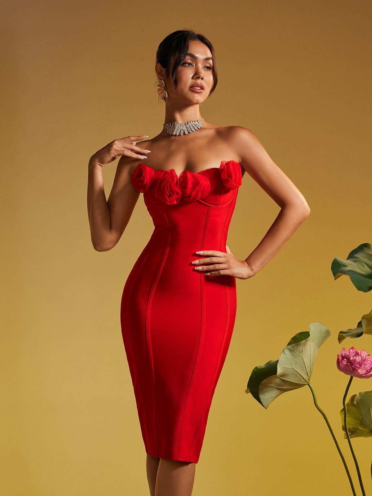 Strapless 3D Rosette Applique Corset Seam Bandage Midi Dress