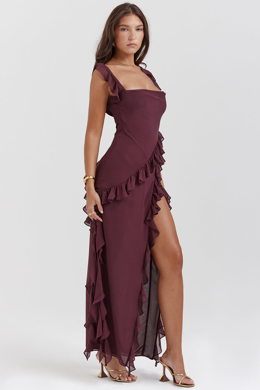 Square Neck Ruffle Strap Side Slit Cascade Ruffle Trim Maxi Gown