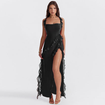 Square Neck Ruffle Strap Side Slit Cascade Ruffle Trim Maxi Gown