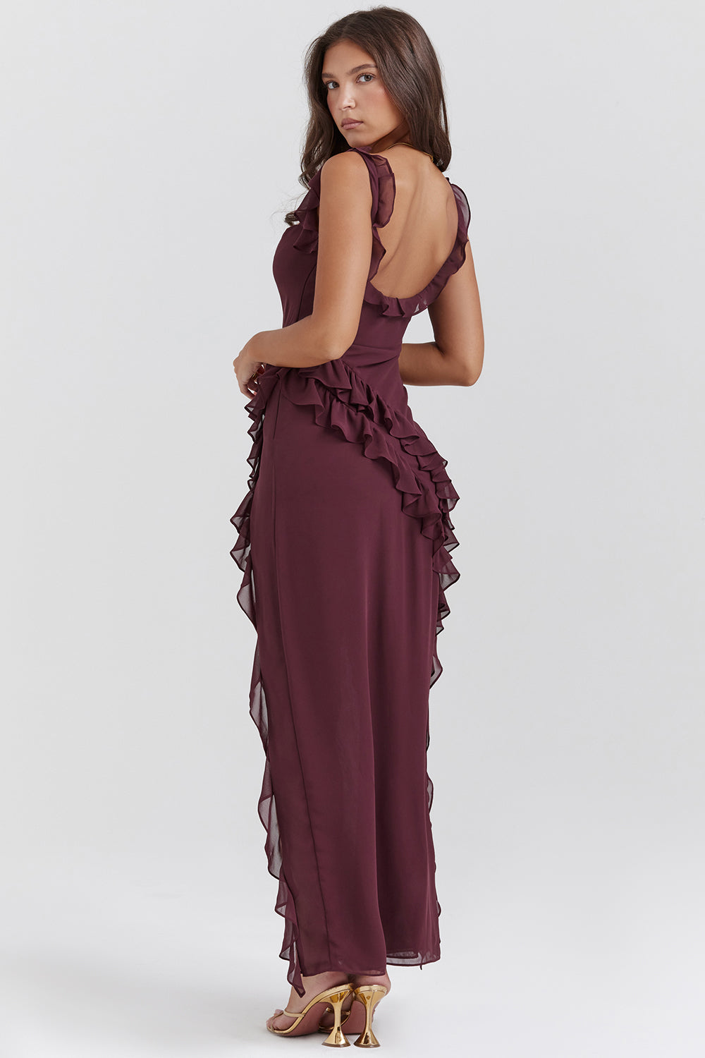 Square Neck Ruffle Strap Side Slit Cascade Ruffle Trim Maxi Gown