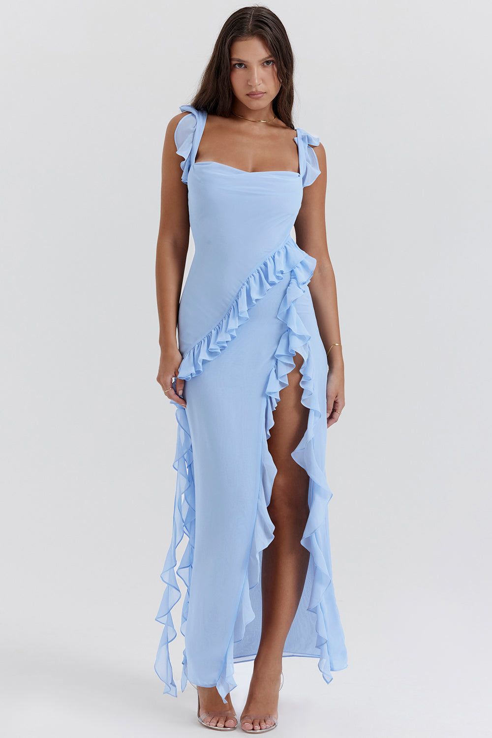 Square Neck Ruffle Strap Side Slit Cascade Ruffle Trim Maxi Gown