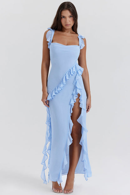 Square Neck Ruffle Strap Side Slit Cascade Ruffle Trim Maxi Gown