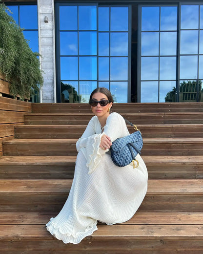 Crew Neck Rib Knit Tiered Flounce Sleeve Ruffle Hem Maxi Dress