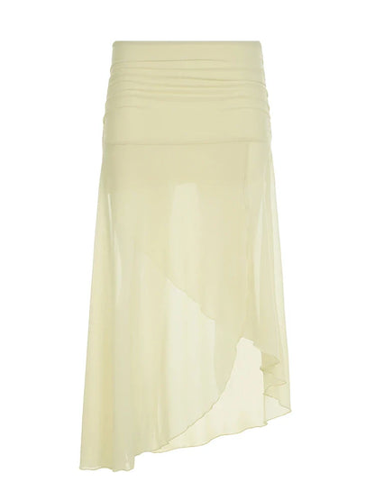 Irregular Hem Mid Skirts Summer Vacation Beach Club Mesh Skirt for Women Low Waist Solid Fashion Cyber Y2K Outfit 2025
