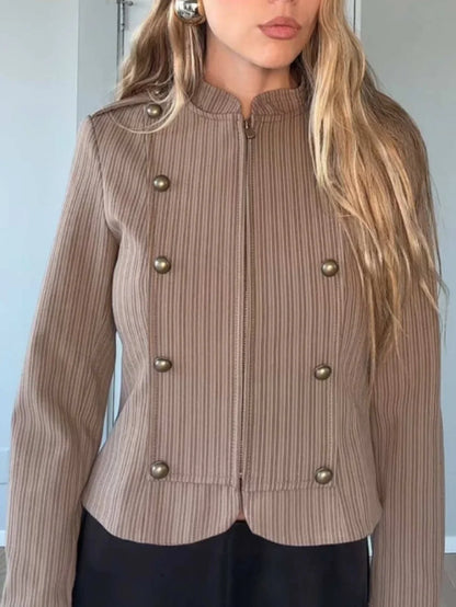 Women Spring Fashion Stripes Slim Blazer Commuting Long Sleeves Zipper Loose Short Jacket Female High Street Coat Mujer