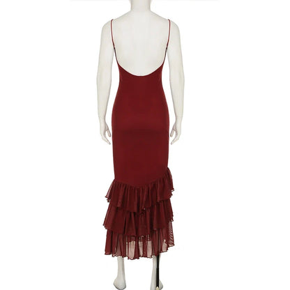 Women's Asymmetric Tulle Layered Mermaid Dress Spaghetti Straps Floral Print Bodycon Sexy Backless Elegant Long Dress