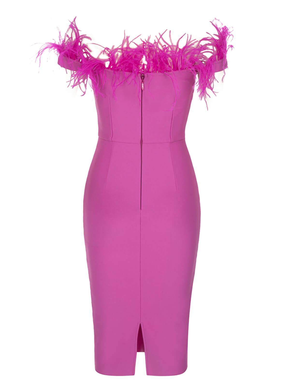 Off Shoulder Sweetheart Feather Trim Corset Boned Bandage Midi Dress