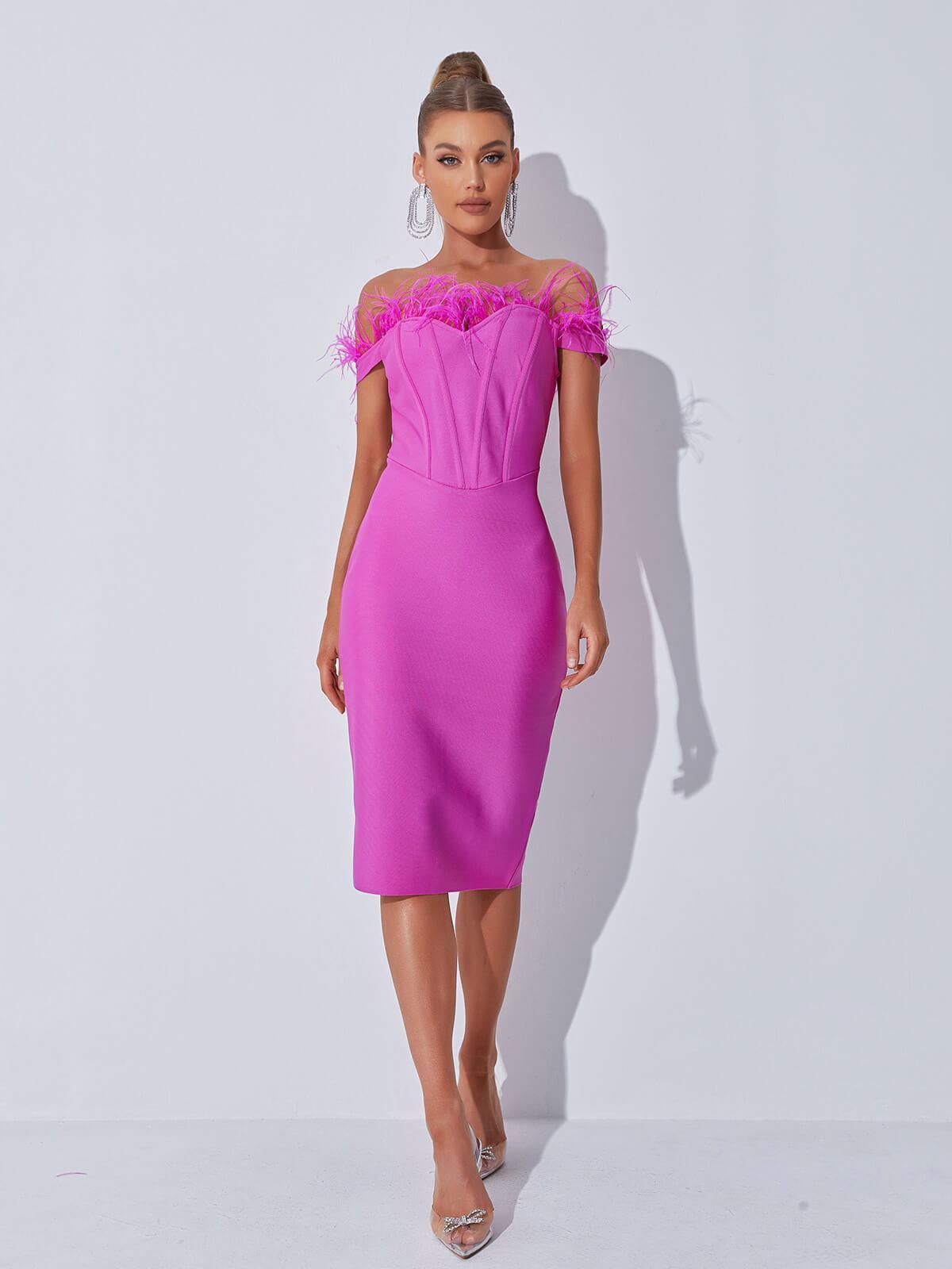 Off Shoulder Sweetheart Feather Trim Corset Boned Bandage Midi Dress