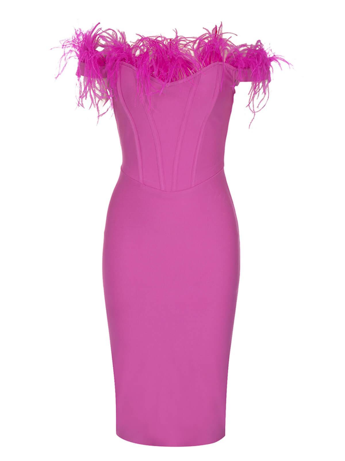 Off Shoulder Sweetheart Feather Trim Corset Boned Bandage Midi Dress