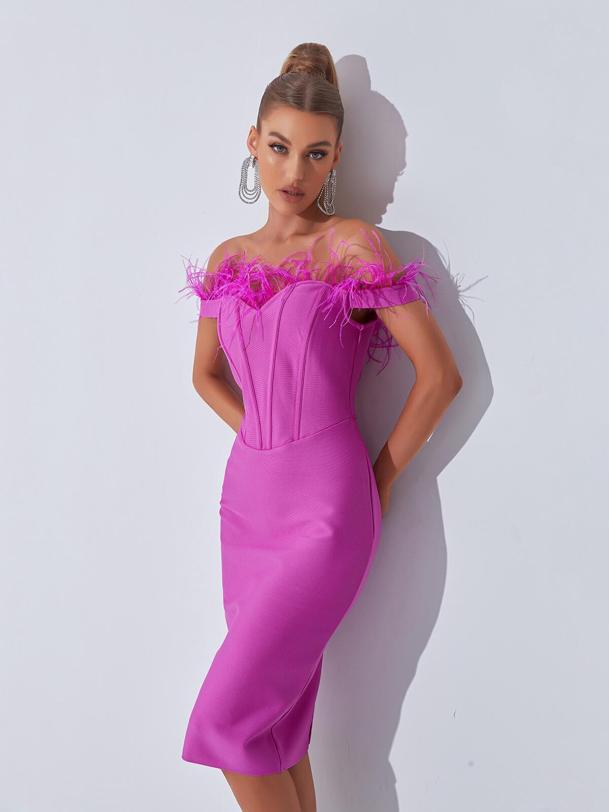Off Shoulder Sweetheart Feather Trim Corset Boned Bandage Midi Dress