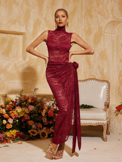 Mock Neck Floral Lace Rosette Drape High Slit Maxi Gown