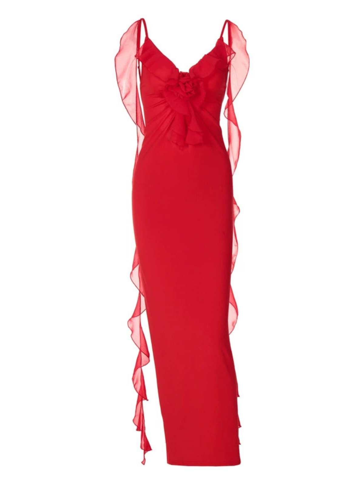 Spaghetti Strap Ruffle Rosette Streamer Column Maxi Gown