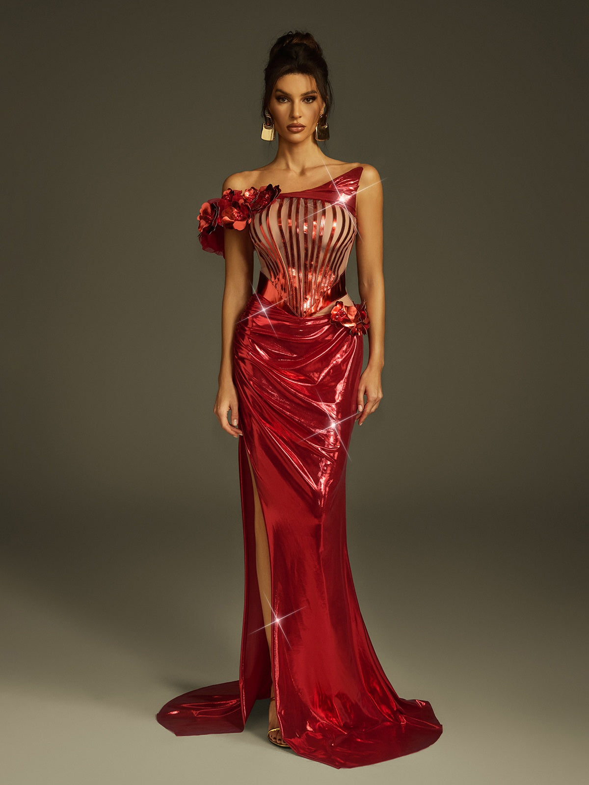 One Shoulder Mesh Corset 3D Floral Ruched Metallic High Slit Maxi Gown