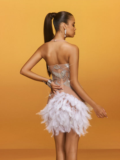 Halter Rhinestone Feather Mini Dress
