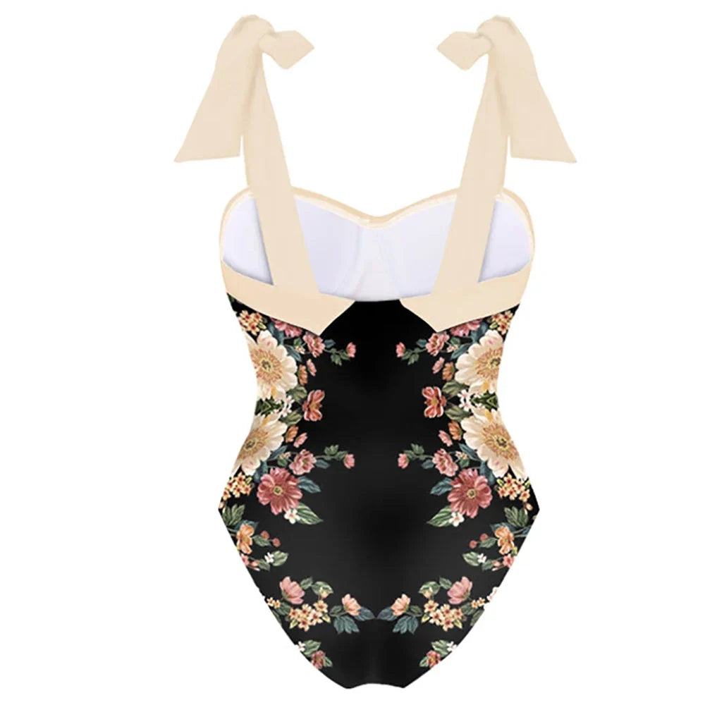 Printed Panel Chic One Piece Swimsuit and Coverup Bow Tie Strap Gathering Sexy Bikini High Waist Open Back Fashion Push Up