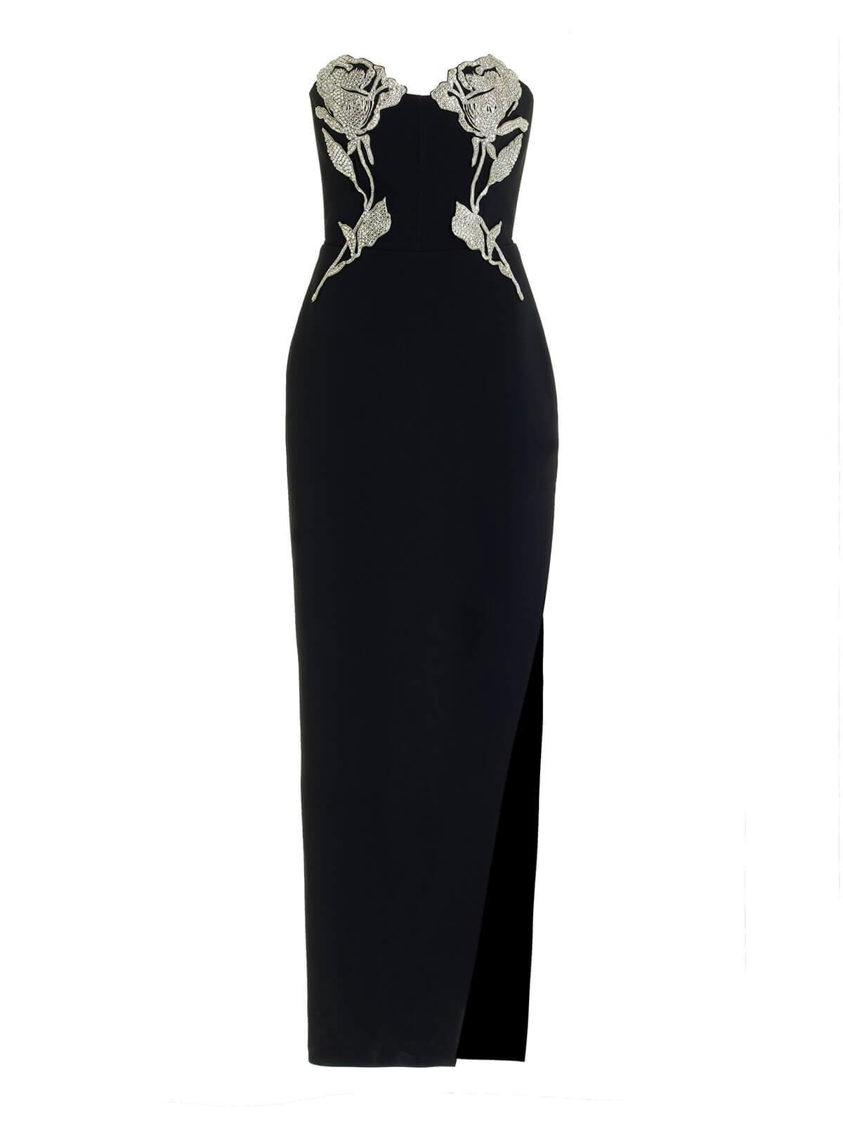 Strapless Crystal Rosette Embellished High Slit Column Maxi Gown