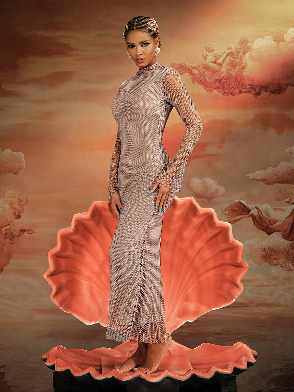 Mock Neck Long Sleeve Crystal Embellished Column Maxi Gown