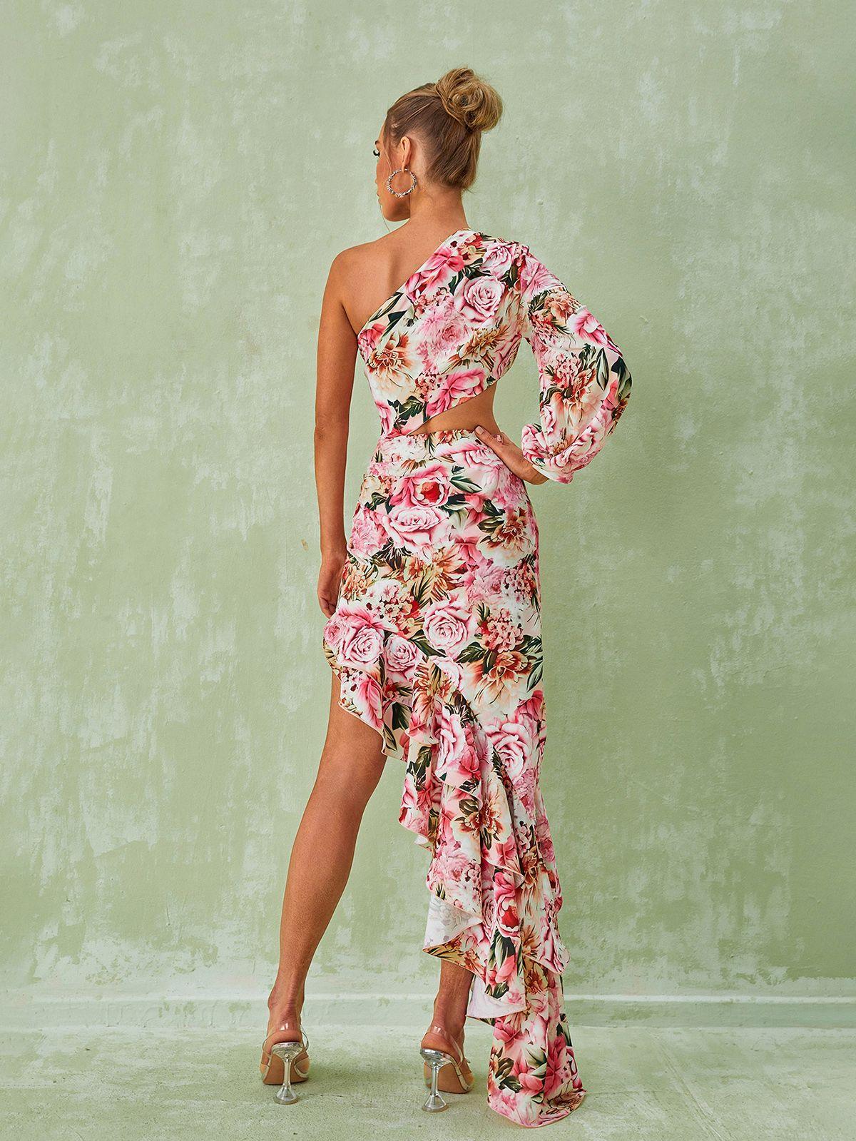One Shoulder Floral Tiered Maxi Dress