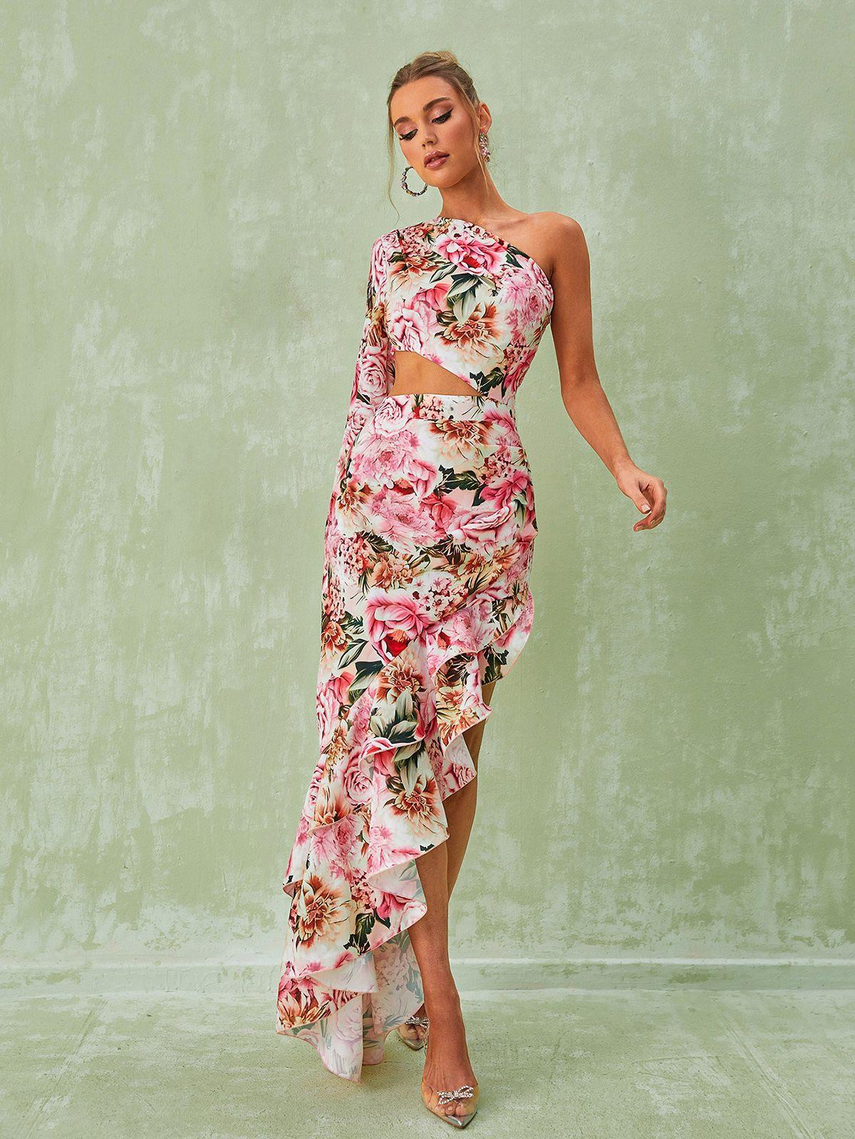 One Shoulder Floral Tiered Maxi Dress