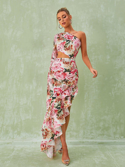 One Shoulder Floral Tiered Maxi Dress