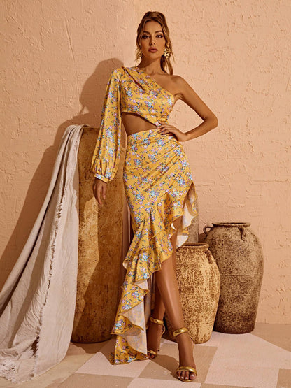 One Shoulder Lantern Sleeve Cutout Ruched High Low Floral Maxi Dress