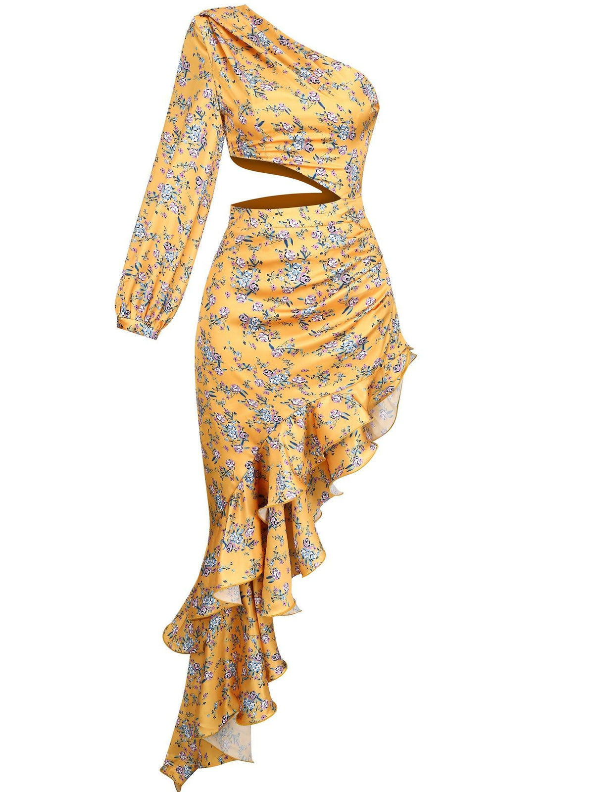 One Shoulder Lantern Sleeve Cutout Ruched High Low Floral Maxi Dress