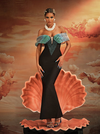 Off Shoulder Illusion Mesh Beaded Wing Overlay Mermaid Maxi Gown