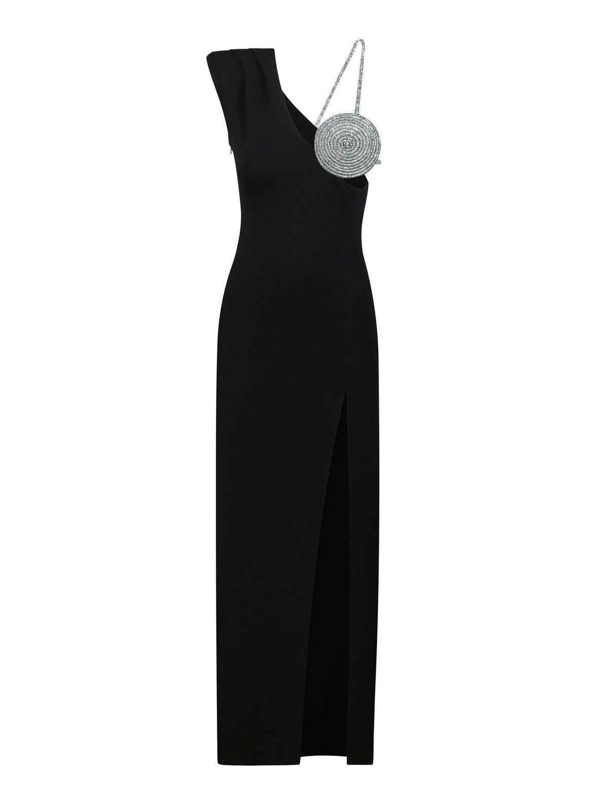 One Shoulder Spiral Rhinestone Applique High Slit Bandage Maxi Dress