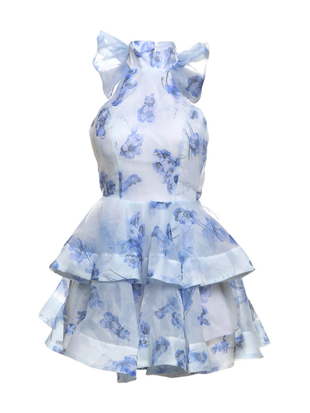 Halter Neck Back Bow Tiered Ruffle Floral Print Organza Mini Dress