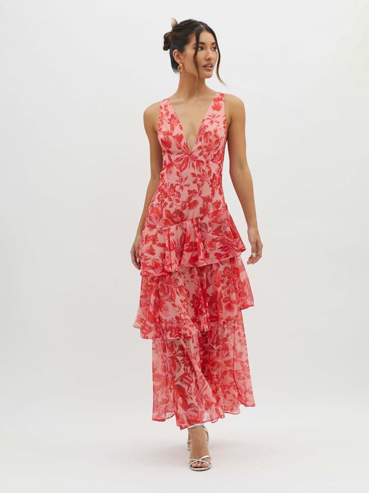 Deep V Sleeveless Tiered Ruffle Floral Maxi Dress