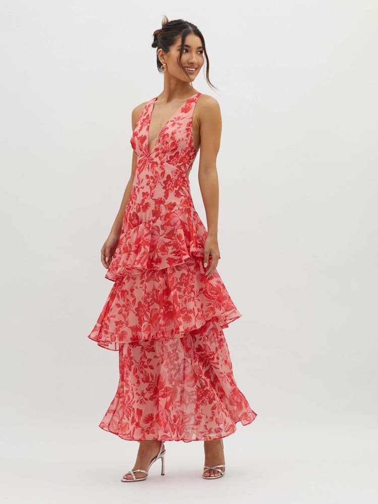 Deep V Sleeveless Tiered Ruffle Floral Maxi Dress