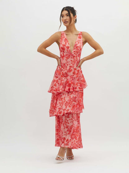 Deep V Sleeveless Tiered Ruffle Floral Maxi Dress