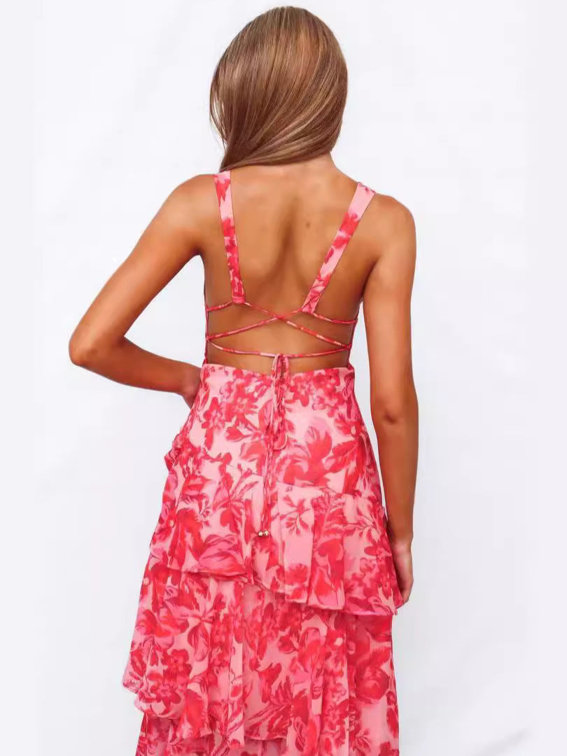 Deep V Sleeveless Tiered Ruffle Floral Maxi Dress