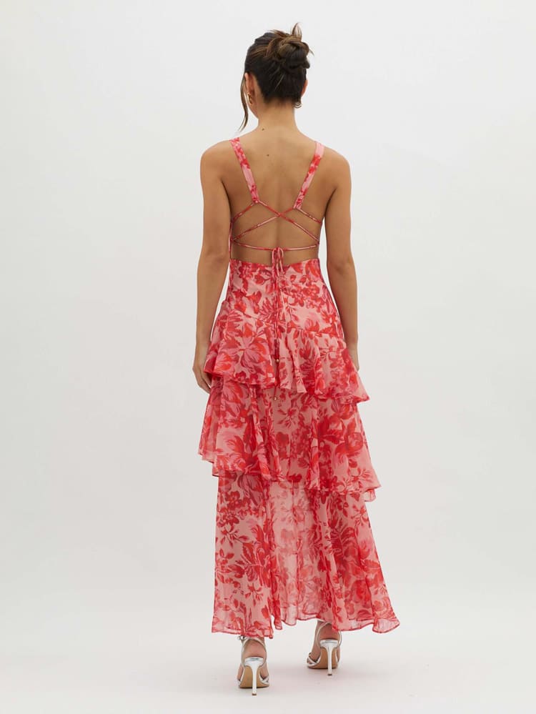 Deep V Sleeveless Tiered Ruffle Floral Maxi Dress