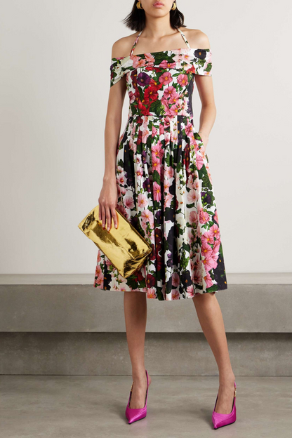 Off-Shoulder Halter Tie Floral Print Box-Pleat Fit-and-Flare Midi Dress