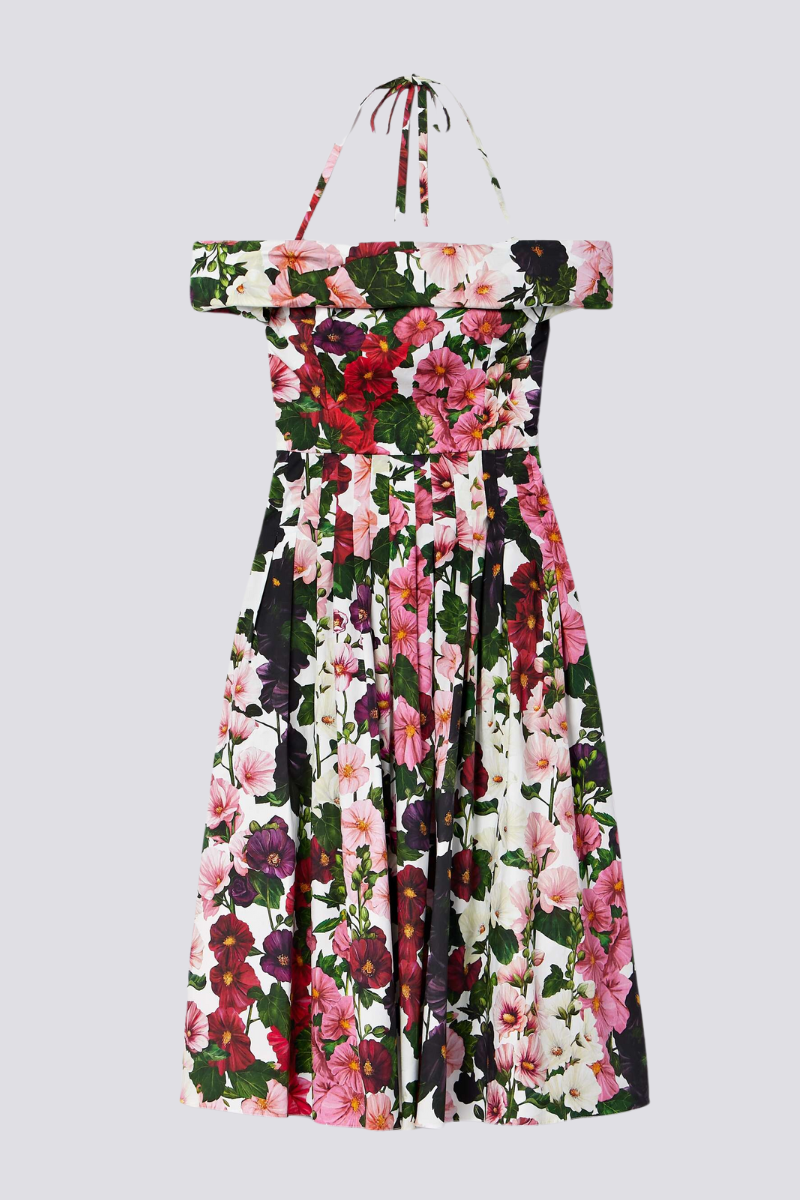 Off-Shoulder Halter Tie Floral Print Box-Pleat Fit-and-Flare Midi Dress