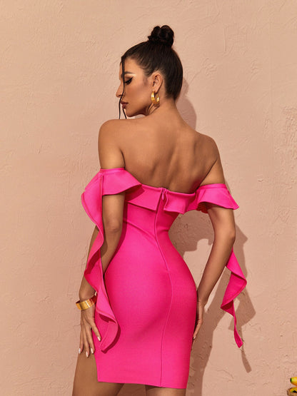 Off Shoulder Ruffle Trim Bandage Thigh Slit Mini Dress