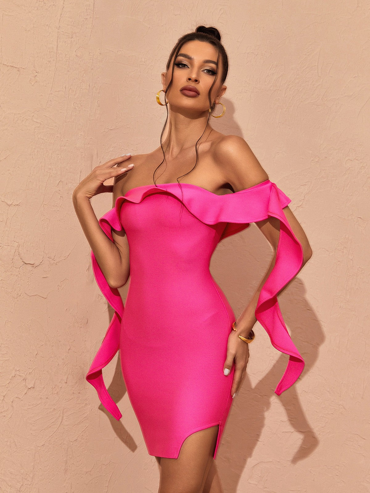 Off Shoulder Ruffle Trim Bandage Thigh Slit Mini Dress
