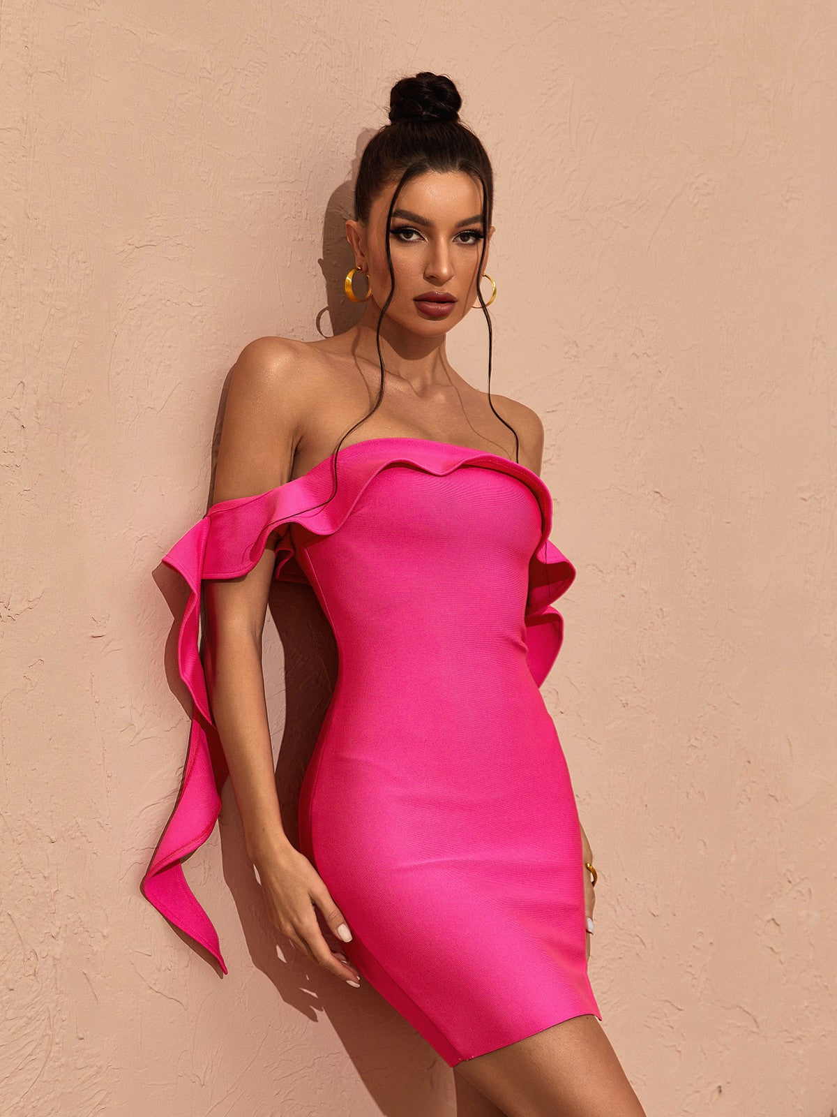 Off Shoulder Ruffle Trim Bandage Thigh Slit Mini Dress