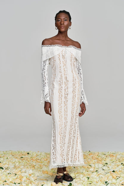 Off Shoulder Lace Bell Sleeve Mermaid Maxi Gown With Lace Up Front