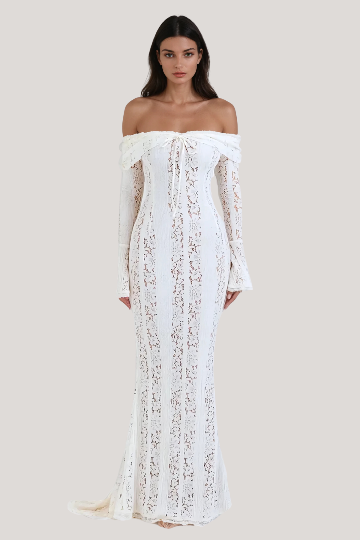 Off Shoulder Lace Up Front Bell Sleeve Floral Lace Panel Column Maxi Gown