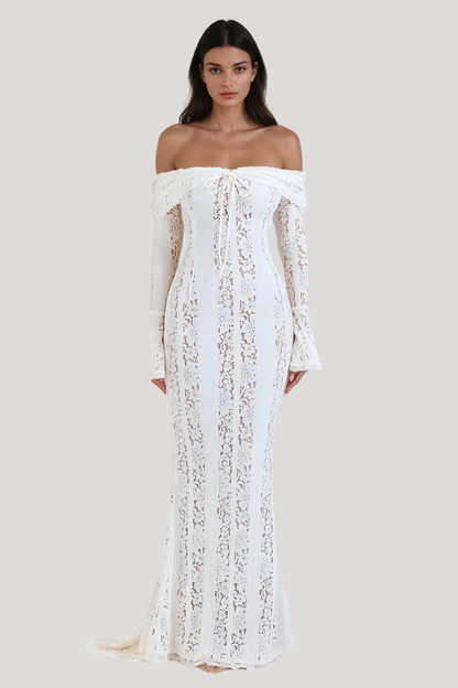 Off Shoulder Lace Bell Sleeve Mermaid Maxi Gown With Lace Up Front