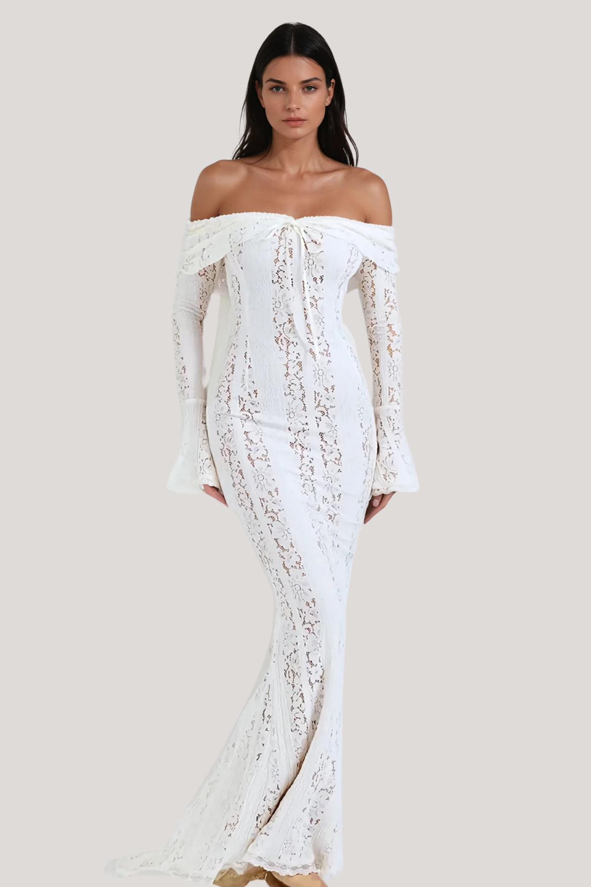 Off Shoulder Tie Front Floral Lace Bell Sleeve Mermaid Maxi Gown