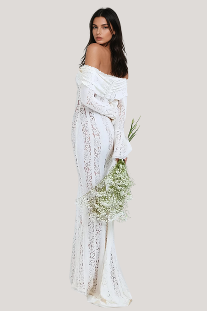 Off Shoulder Tie Front Floral Lace Bell Sleeve Mermaid Maxi Gown