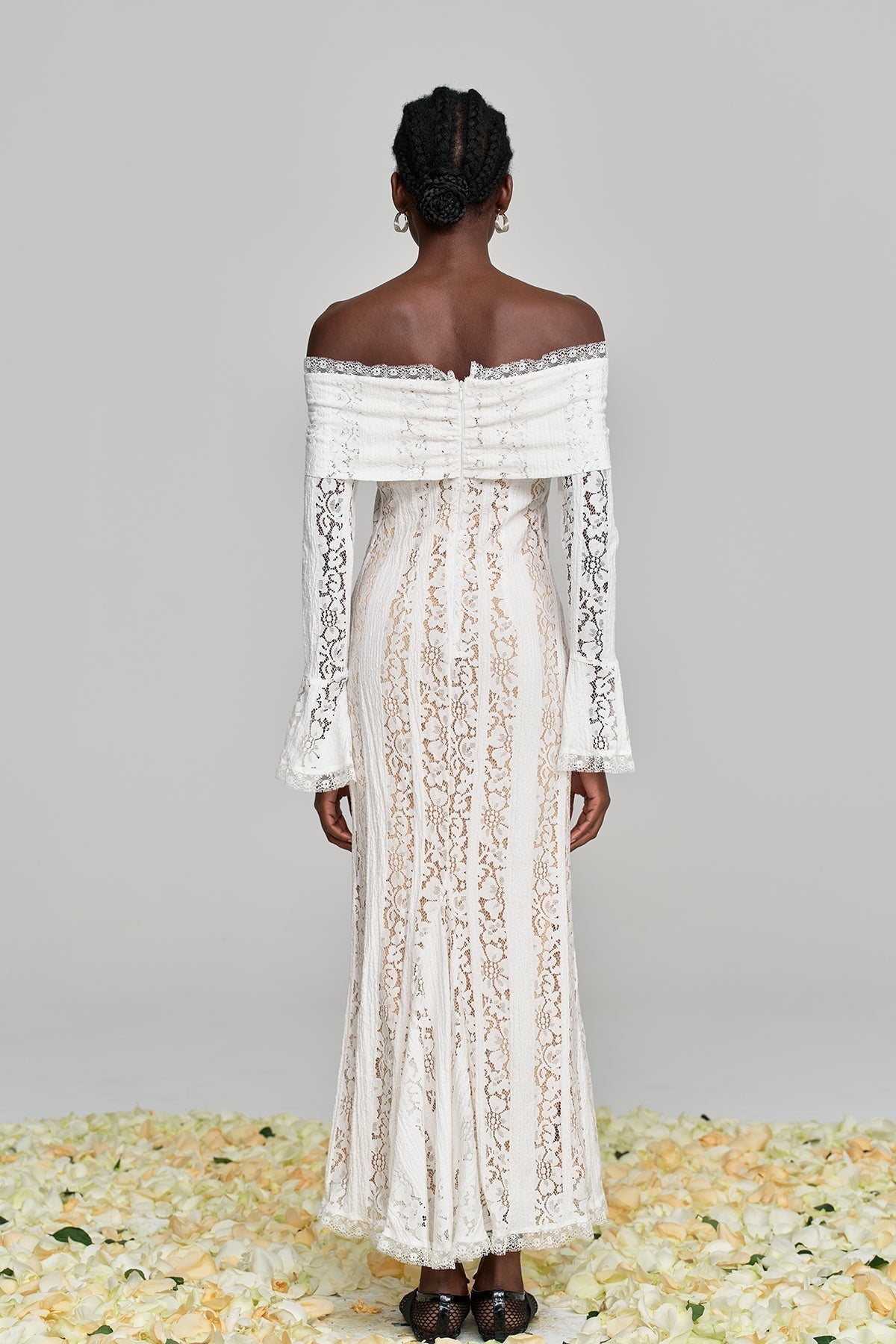 Off Shoulder Lace Up Front Bell Sleeve Floral Lace Panel Column Maxi Gown