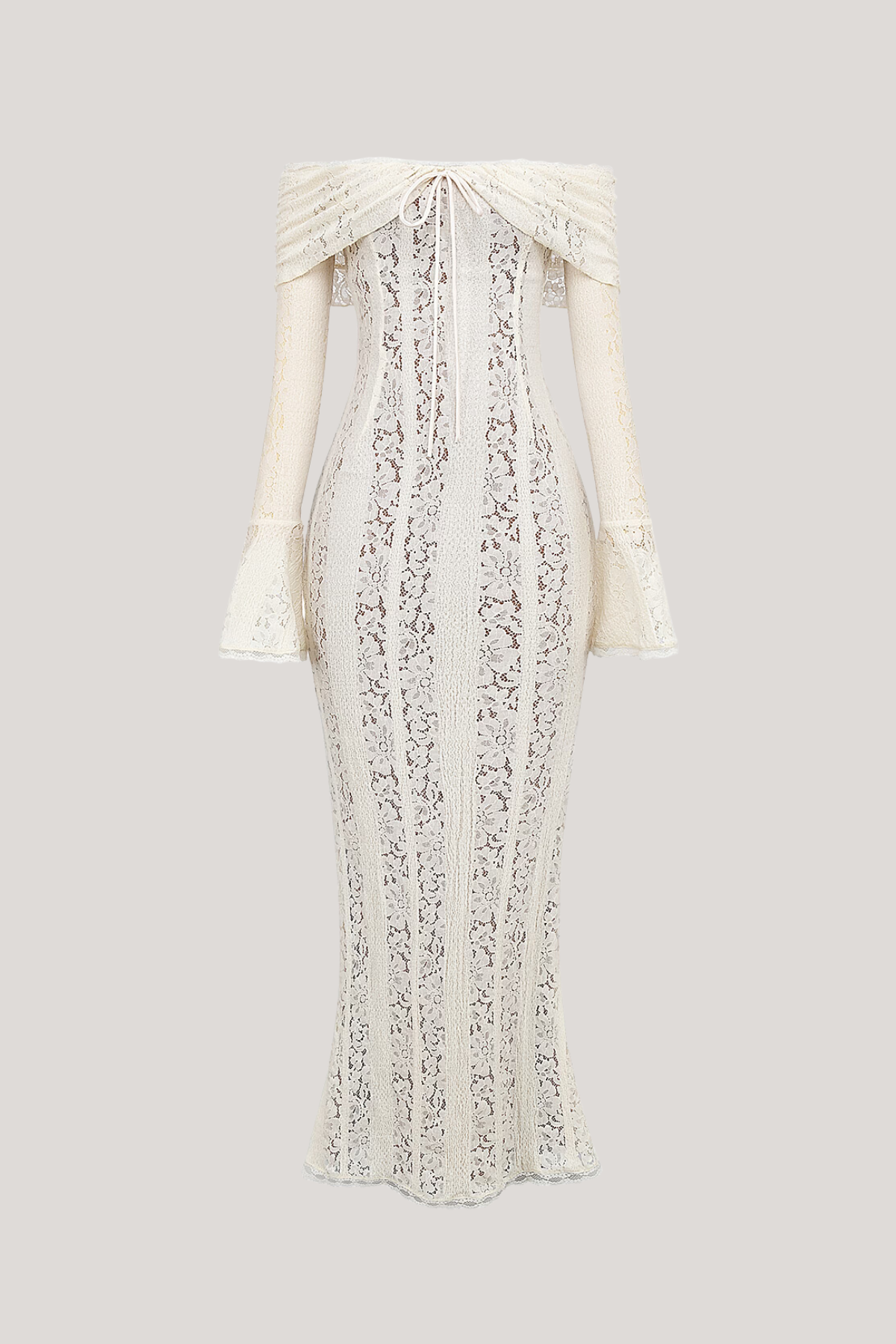 Off Shoulder Lace Up Front Bell Sleeve Floral Lace Panel Column Maxi Gown